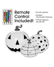 Three inflatable light up decorative pumpkins
Inflatable Halloween decor
Remote control included!
16 color options, 4 preset illumination features, 3 timer options: 2H, 4H, 6H